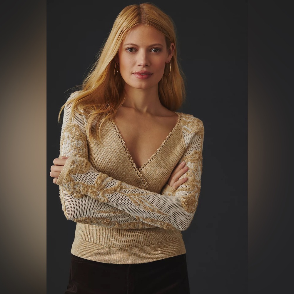 Anthropologie Gold and Cream Women's Sweater